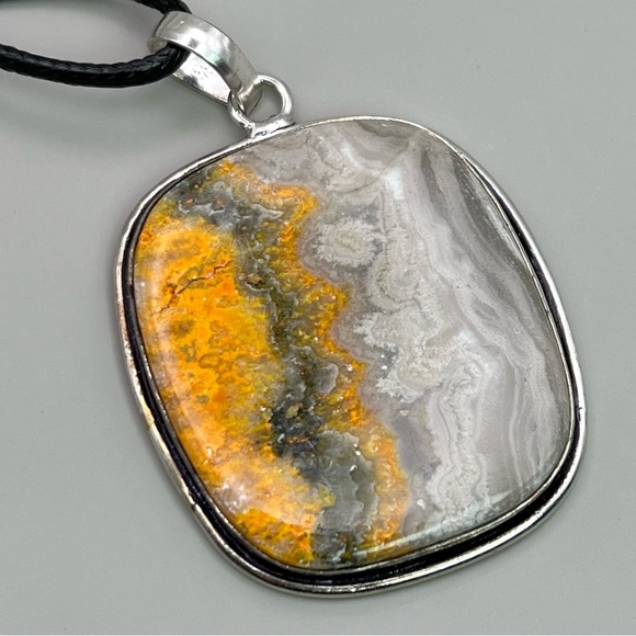 New Bumble Bee Jasper Stone Silver Overlay Pendant Necklace w cord - Picture 2 of 5